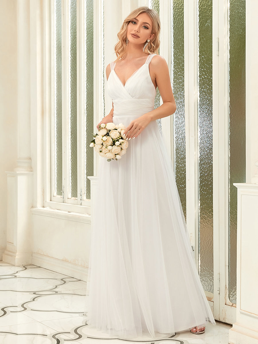 Color=Cream | Floor Length Sleeveless Wholesale Tulle Bridesmaid Dresses-Cream 2