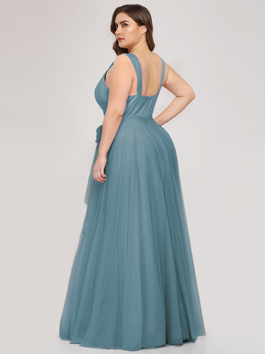 Color=Dusty blue | Plus Size Wholesale Tulle Bridesmaid Dresses for Women-Dusty blue 2
