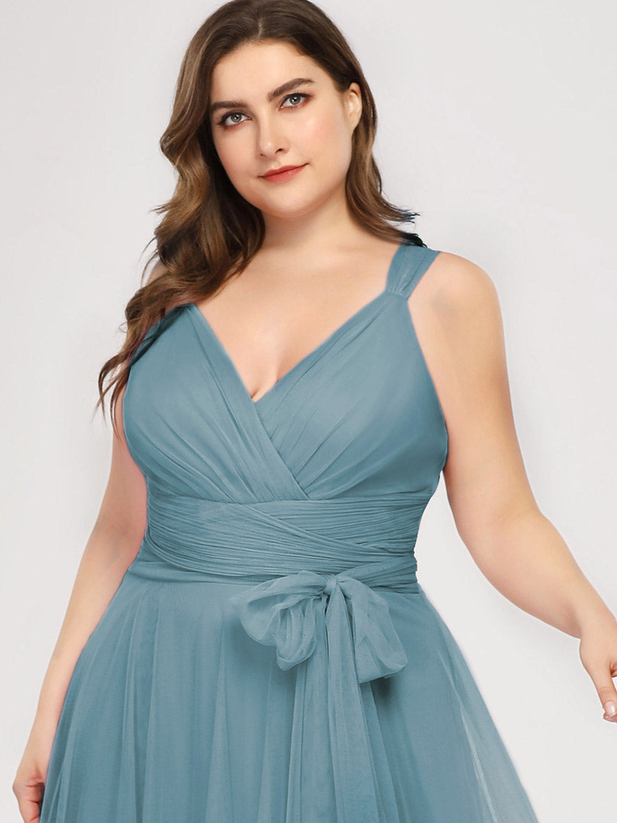 Color=Dusty blue | Plus Size Wholesale Tulle Bridesmaid Dresses for Women-Dusty blue 5