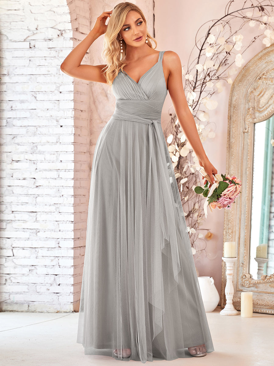 Color=Grey | Floor Length Sleeveless Wholesale Tulle Bridesmaid Dresses-Grey 1