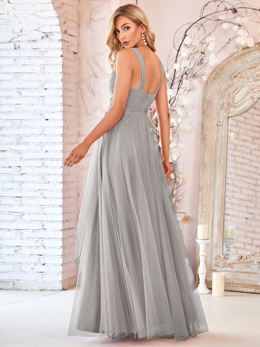 Color=Grey | Floor Length Sleeveless Wholesale Tulle Bridesmaid Dresses-Grey 2