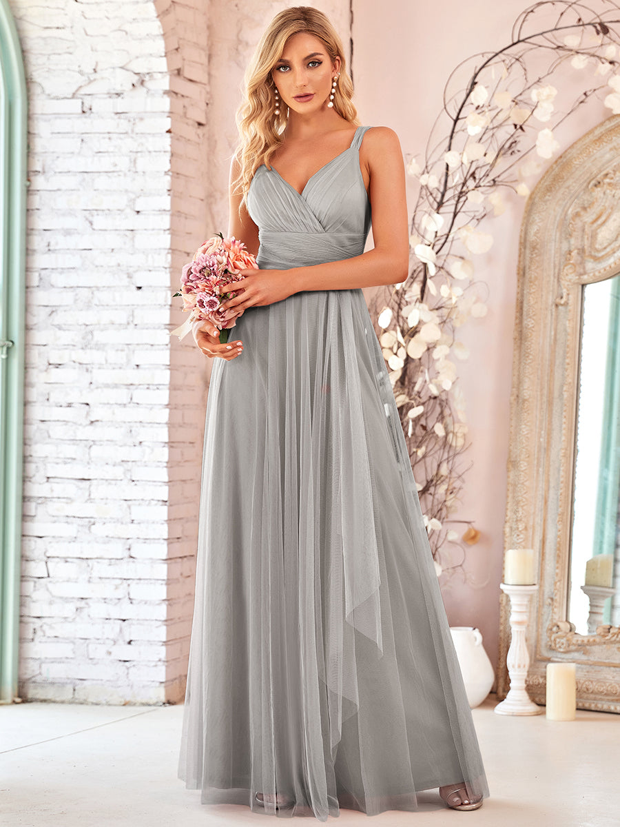 Color=Grey | Floor Length Sleeveless Wholesale Tulle Bridesmaid Dresses-Grey 3