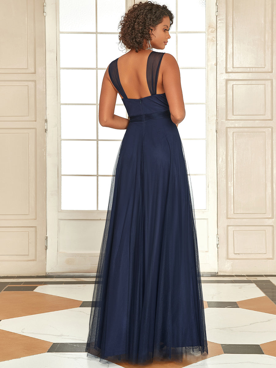 Color=Navy Blue | Floor Length Sleeveless Wholesale Tulle Bridesmaid Dresses-Navy Blue 2