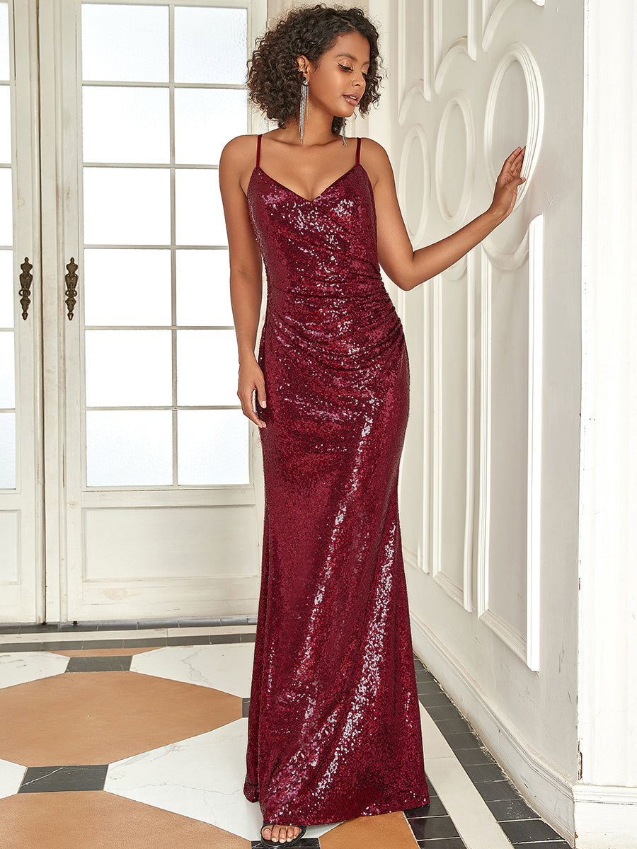 Color=Burgundy | Women'S Fashion Sequins Floor Length Spaghetti Straps Evening Dresses Ep07339-Burgundy 4