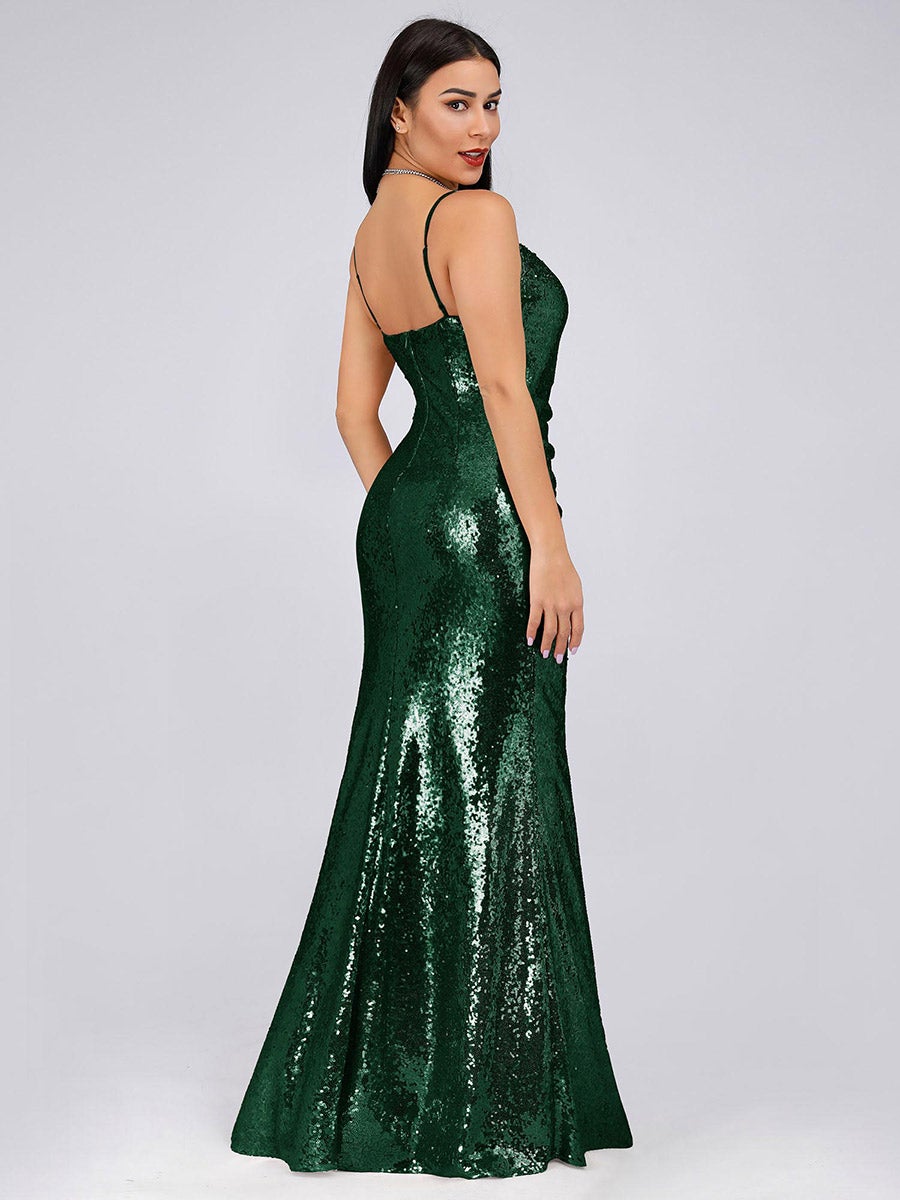 Color=Dark Green | Women'S Fashion Sequins Floor Length Spaghetti Straps Evening Dresses Ep07339-Dark Green 5