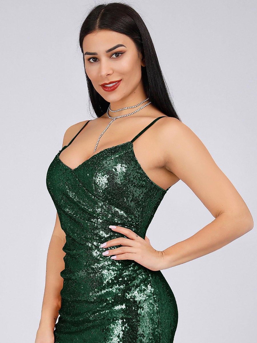 Color=Dark Green | Women'S Fashion Sequins Floor Length Spaghetti Straps Evening Dresses Ep07339-Dark Green 6