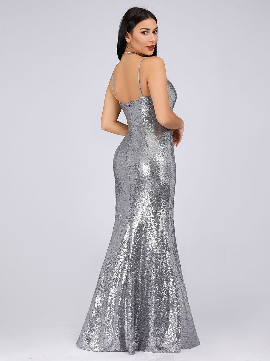 Color=Grey | Women'S Fashion Sequins Floor Length Spaghetti Straps Evening Dresses Ep07339-Grey 2