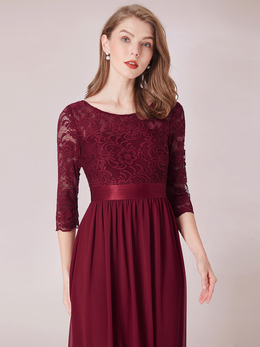 Color=Burgundy | Elegant Empire Waist Wholesale Bridesmaid Dresses with Long Lace Sleeve-Burgundy 5