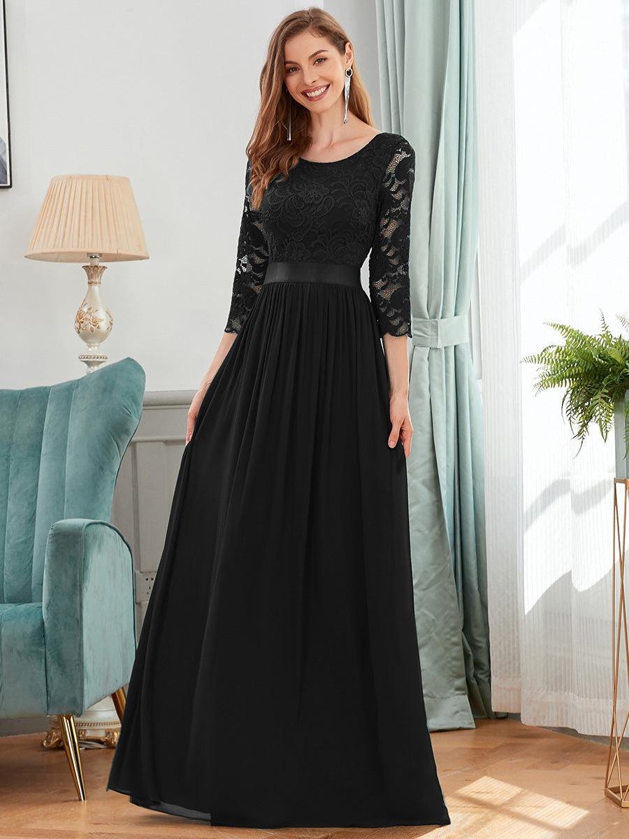 Color=Black | Elegant Empire Waist Wholesale Bridesmaid Dresses with Long Lace Sleeve-Black  5