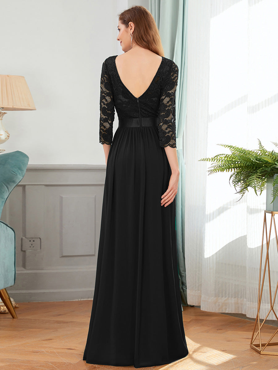 Color=Black | Elegant Empire Waist Wholesale Bridesmaid Dresses with Long Lace Sleeve-Black 6
