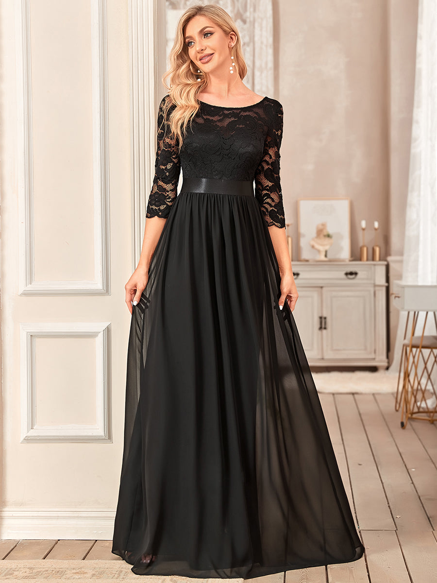 Color=Black | Elegant Empire Waist Wholesale Bridesmaid Dresses with Long Lace Sleeve-Black 2