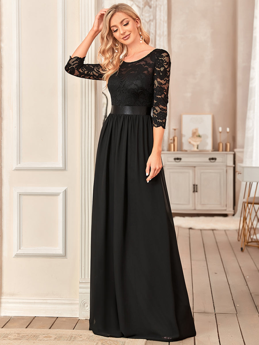 Color=Black | Elegant Empire Waist Wholesale Bridesmaid Dresses with Long Lace Sleeve-Black 3