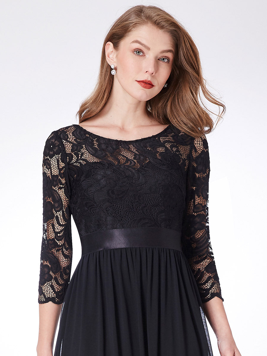 Color=Black | Elegant Empire Waist Wholesale Bridesmaid Dresses with Long Lace Sleeve-Black 7
