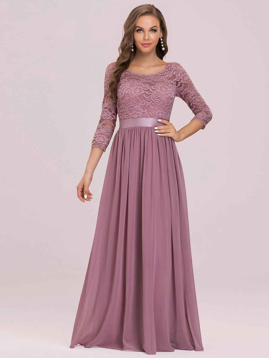 Color=Orchid | Elegant Empire Waist Wholesale Bridesmaid Dresses with Long Lace Sleeve-Orchid 5