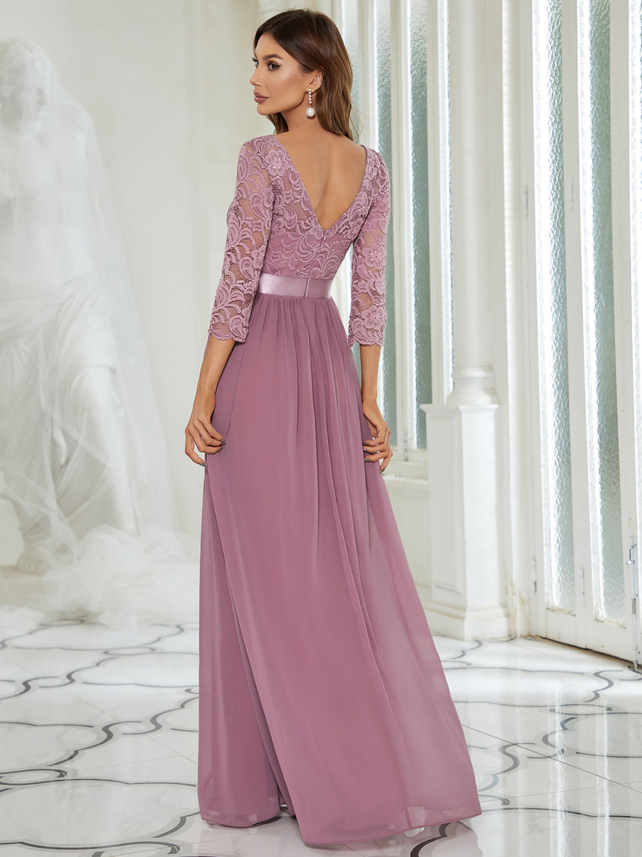 Color=Orchid | Elegant Empire Waist Wholesale Bridesmaid Dresses with Long Lace Sleeve-Orchid 2