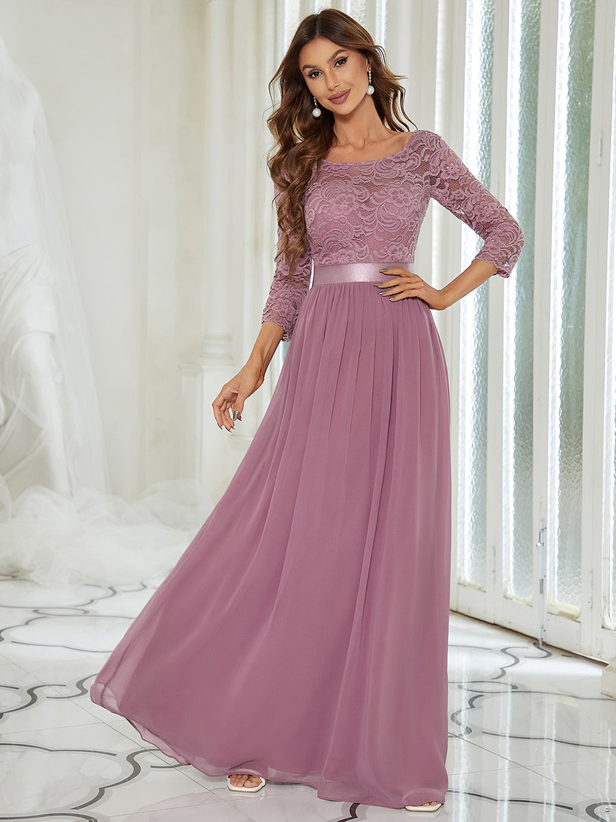 Color=Orchid | Elegant Empire Waist Wholesale Bridesmaid Dresses with Long Lace Sleeve-Orchid 1