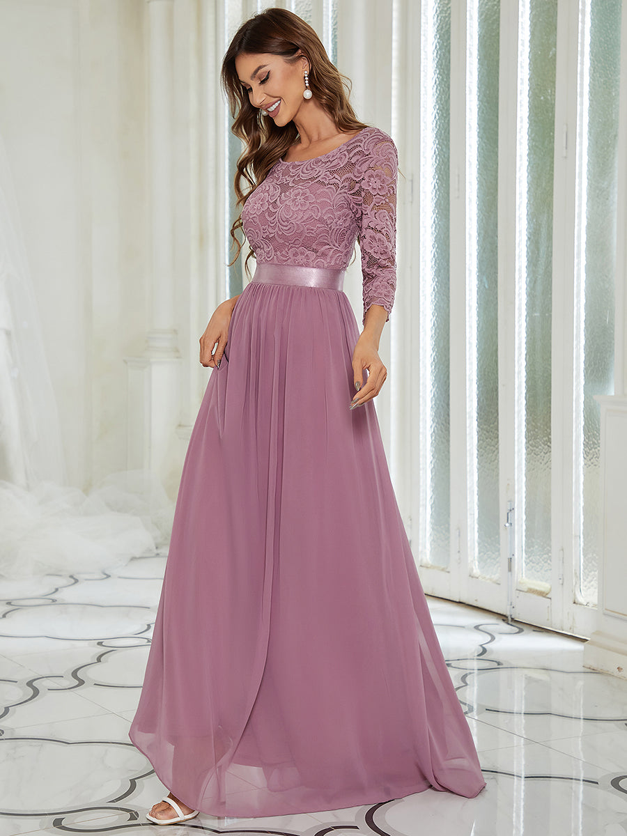 Color=Orchid | Elegant Empire Waist Wholesale Bridesmaid Dresses with Long Lace Sleeve-Orchid 3