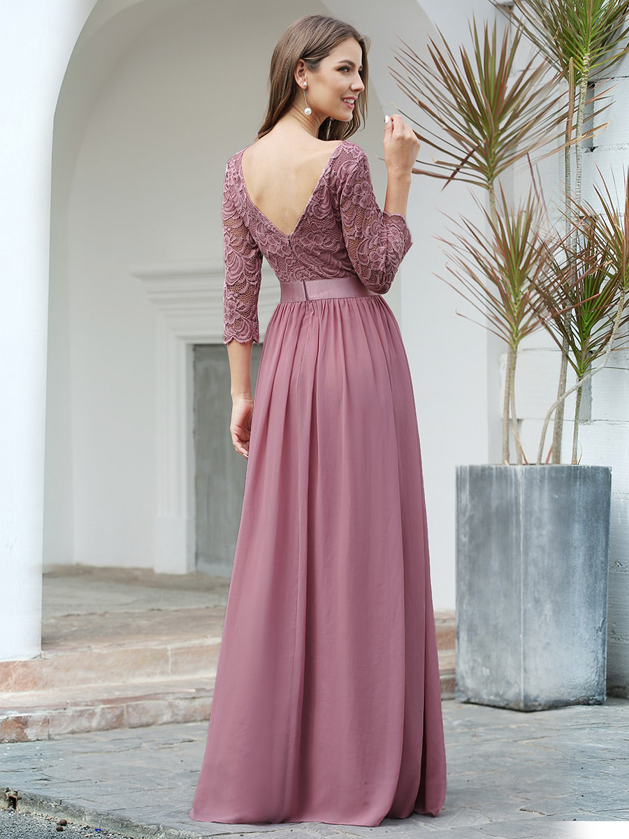 Color=Orchid | Elegant Empire Waist Wholesale Bridesmaid Dresses with Long Lace Sleeve-Orchid 2