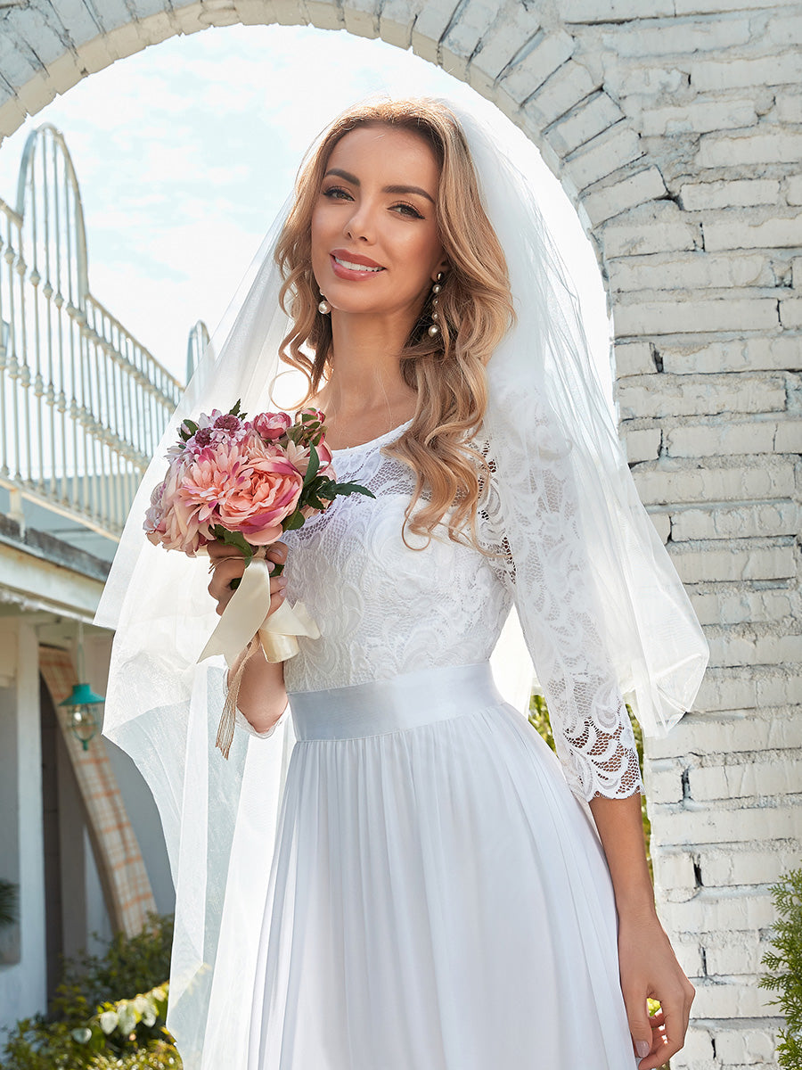 Color=White | Elegant Empire Waist Wholesale Bridesmaid Dresses with Long Lace Sleeve-White 3