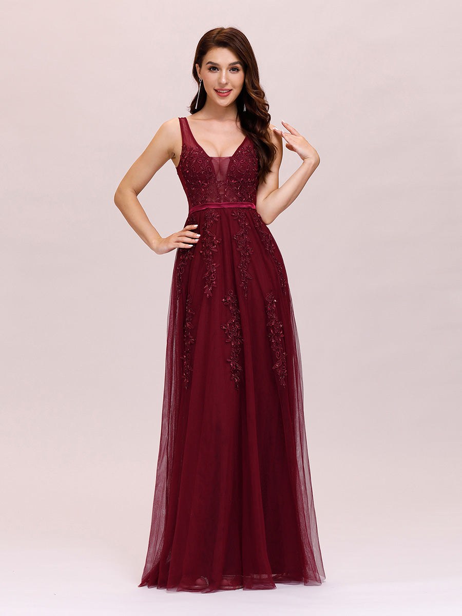 Color=Burgundy | Women'S Fashion V Neck Sleeveless Long Evening Party Dresses-Burgundy 4