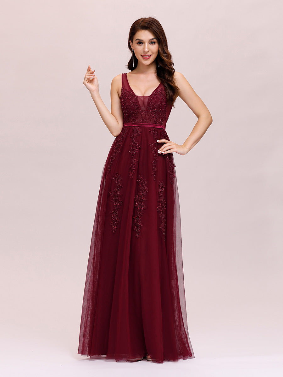 Color=Burgundy | Women'S Fashion V Neck Sleeveless Long Evening Party Dresses-Burgundy 1