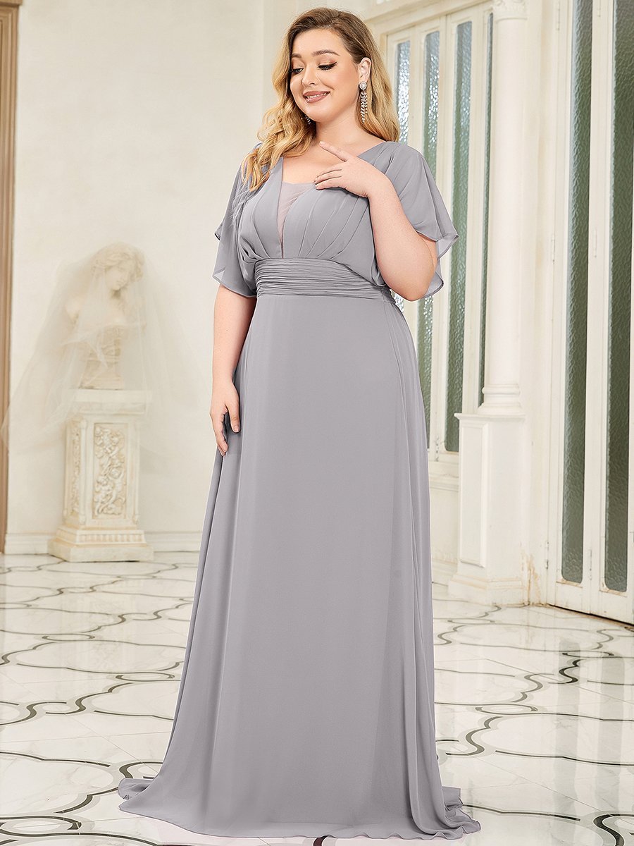COLOR=Grey | Plus Size Women'S A-Line Empire Waist Evening Party Maxi Dress-Grey 3