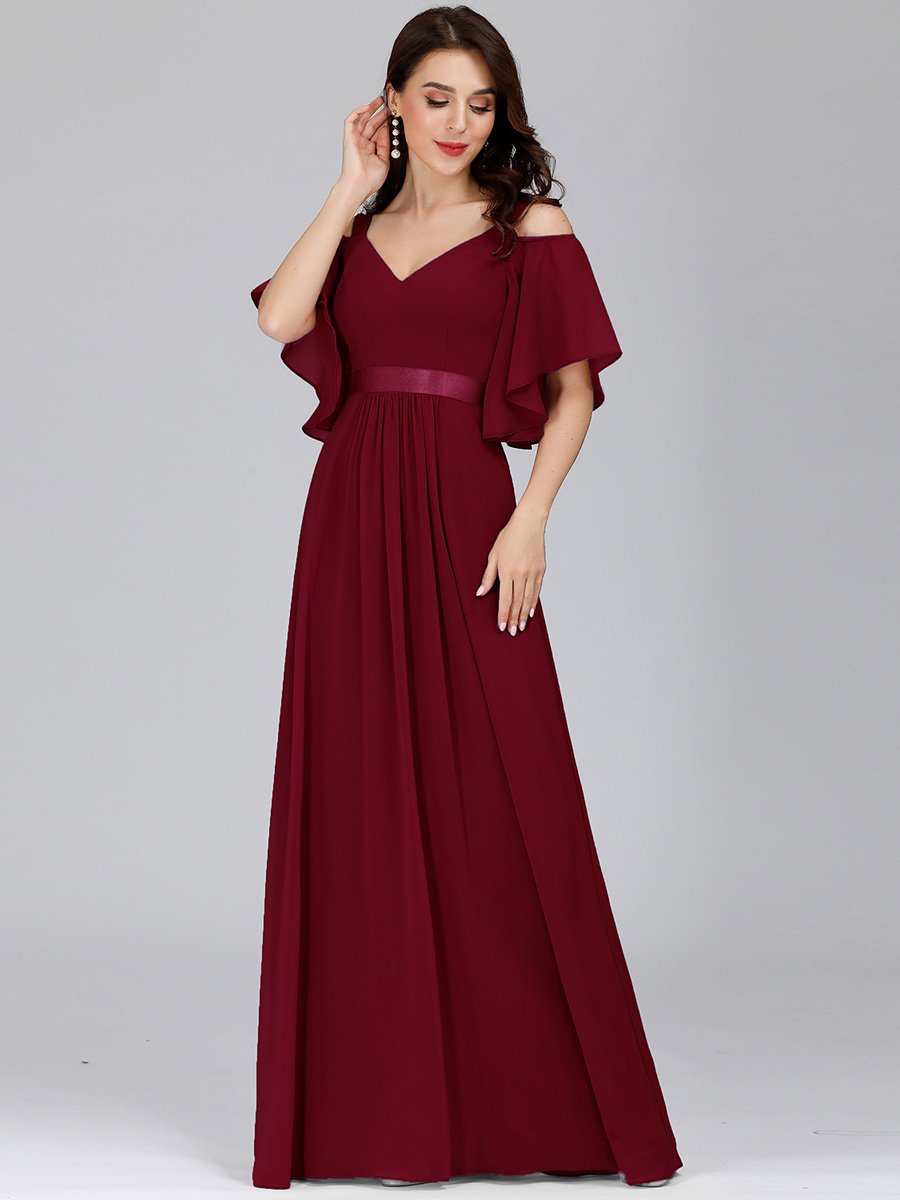 Color=Burgundy | Women'S Off Shoulder Floor Length Bridesmaid Dress With Ruffle Sleeves-Burgundy 4