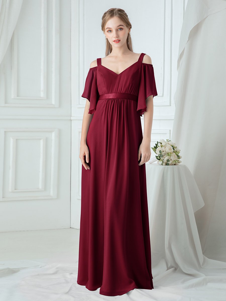 Color=Burgundy | Women'S Off Shoulder Floor Length Bridesmaid Dress With Ruffle Sleeves-Burgundy 9