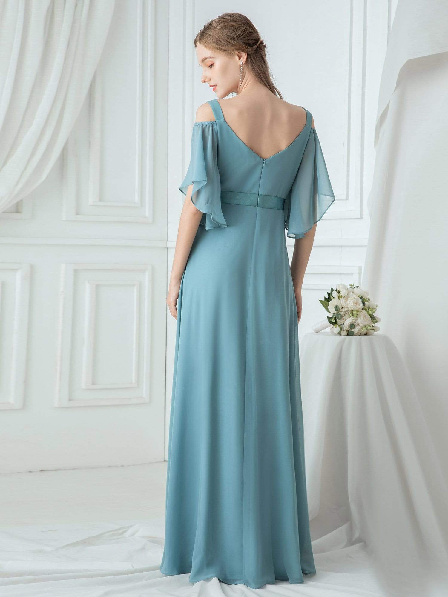 Color=Dusty Blue | Women'S Off Shoulder Floor Length Bridesmaid Dress With Ruffle Sleeves-Dusty Blue 7