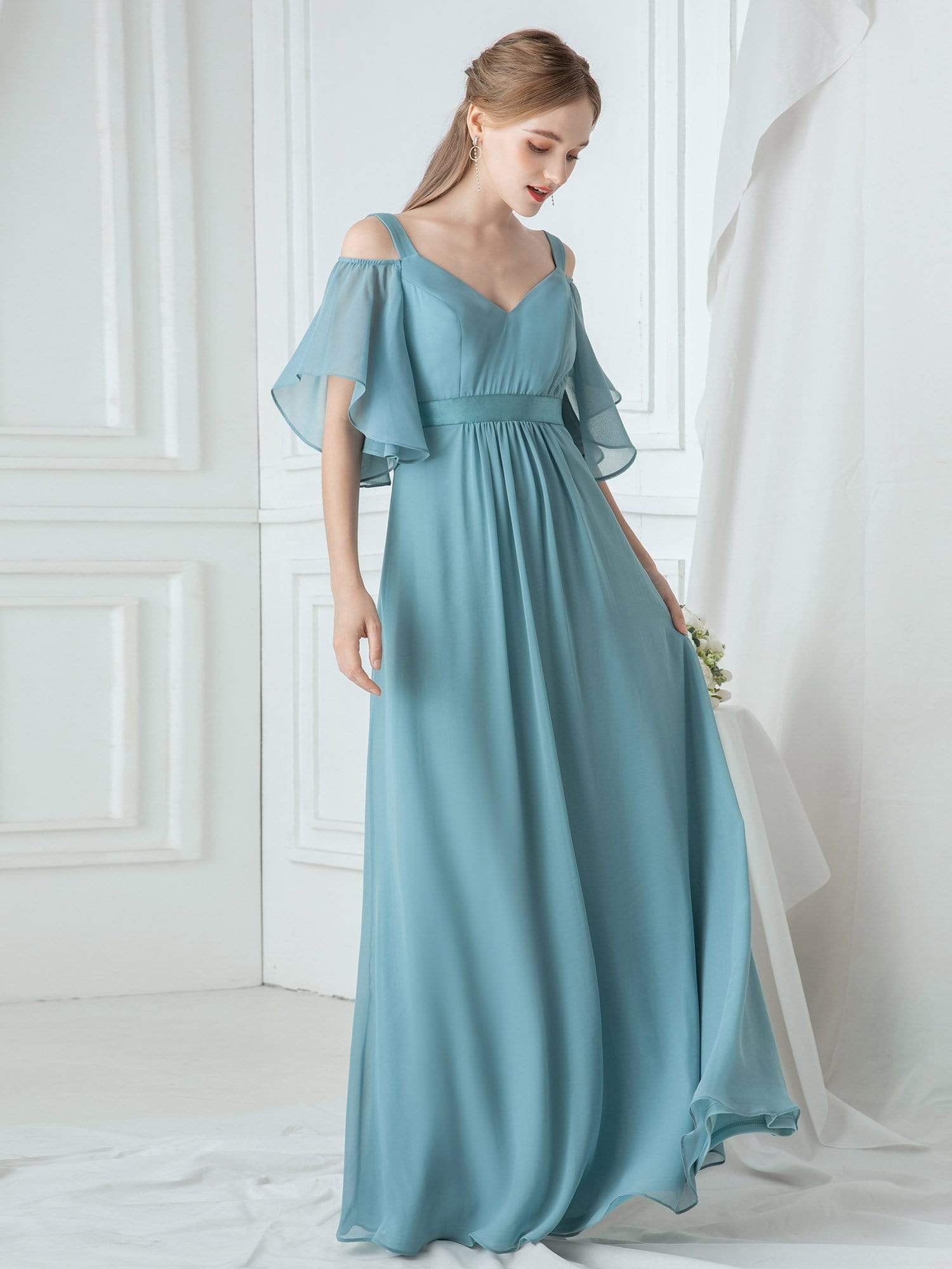 Color=Dusty Blue | Women'S Off Shoulder Floor Length Bridesmaid Dress With Ruffle Sleeves-Dusty Blue 8