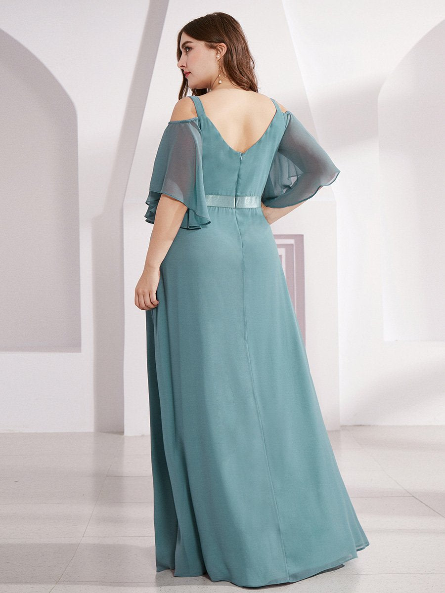 Color=Dusty Blue | Women'S Off Shoulder Floor Length Bridesmaid Dress With Ruffle Sleeves-Dusty Blue 12