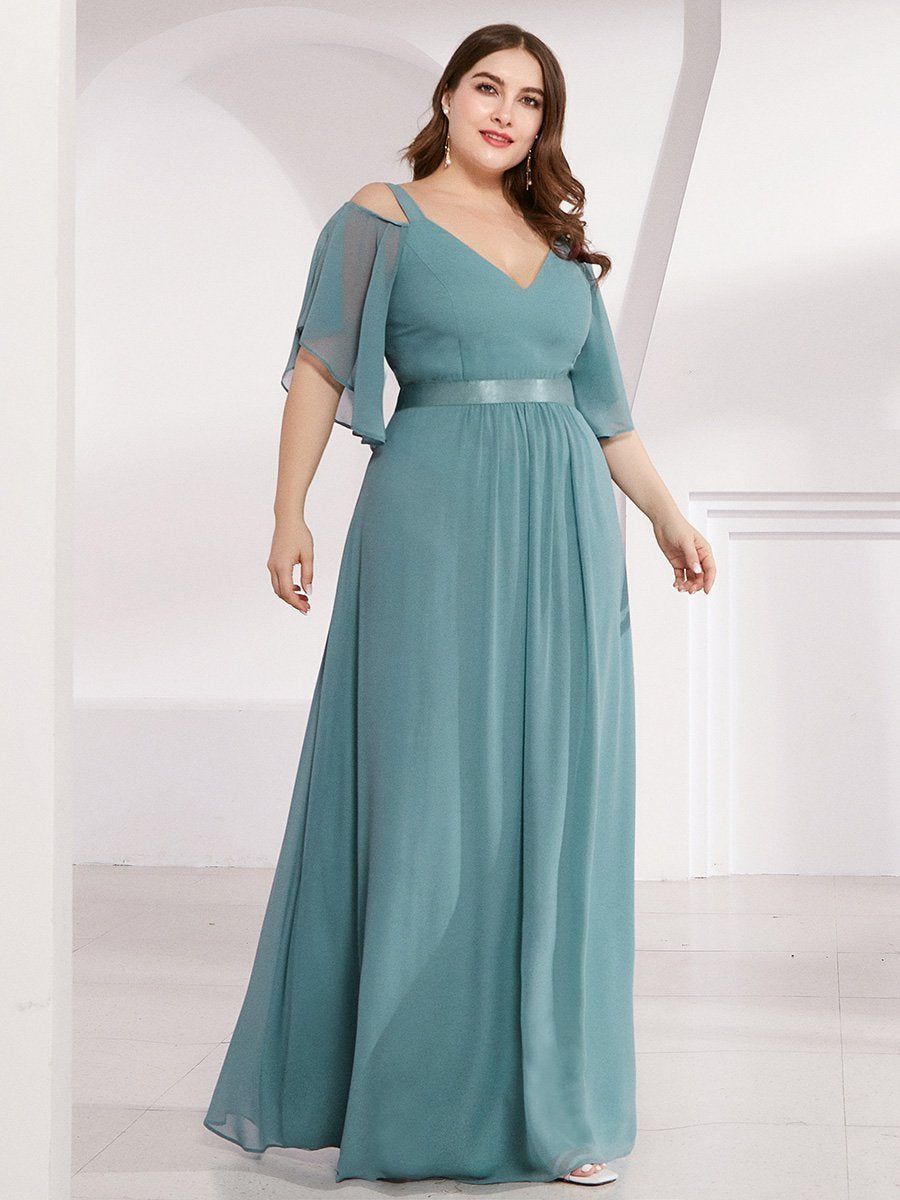 Color=Dusty Blue | Women'S Off Shoulder Floor Length Bridesmaid Dress With Ruffle Sleeves-Dusty Blue 13