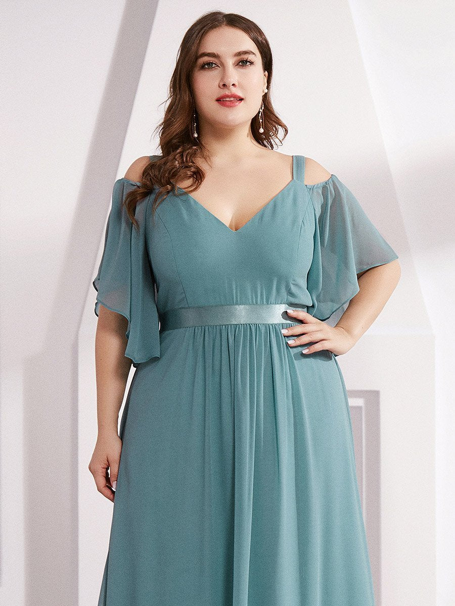 Color=Dusty Blue | Women'S Off Shoulder Floor Length Bridesmaid Dress With Ruffle Sleeves-Dusty Blue 15