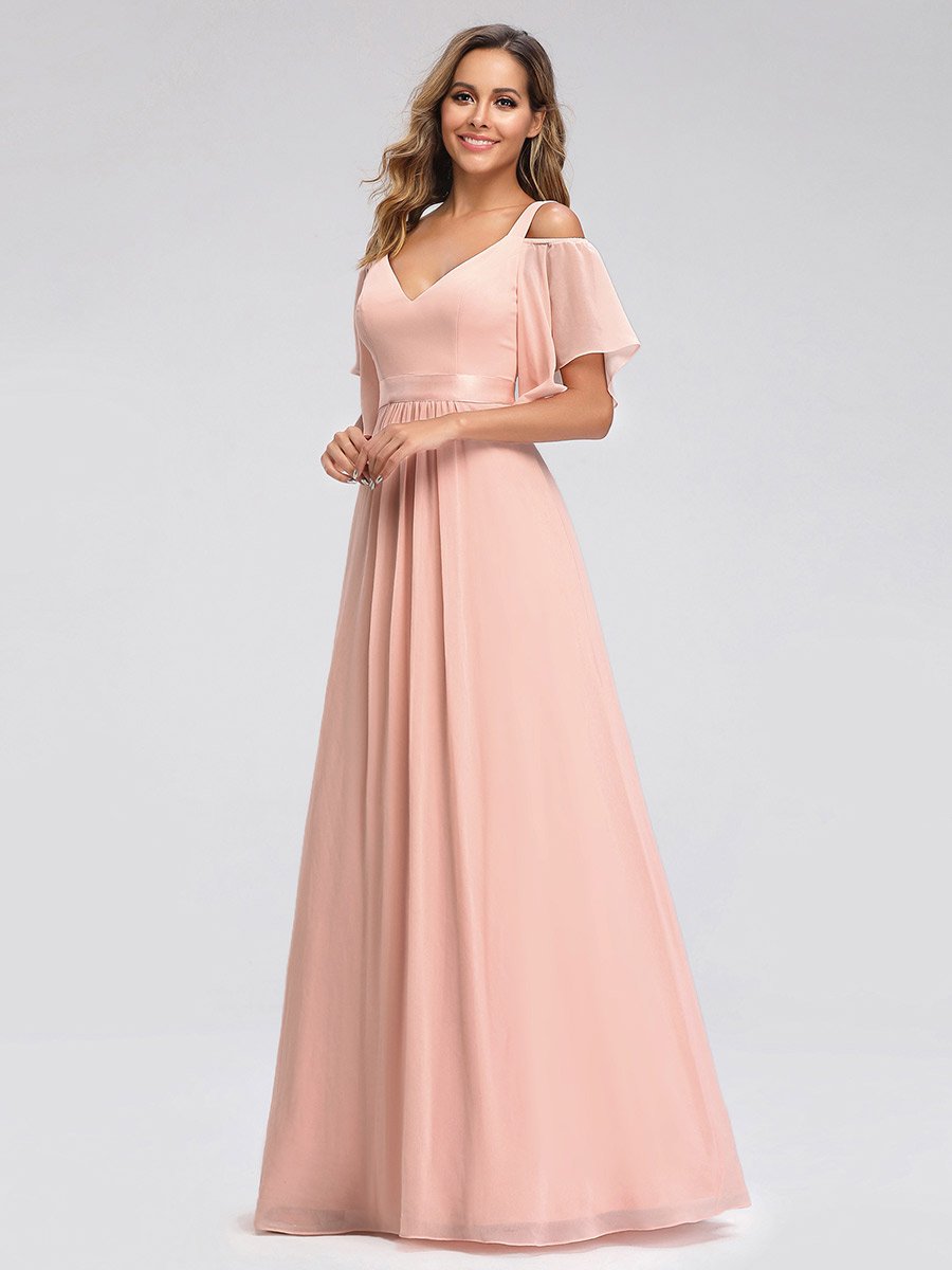 Color=Pink | Women'S Off Shoulder Floor Length Bridesmaid Dress With Ruffle Sleeves-Pink 14