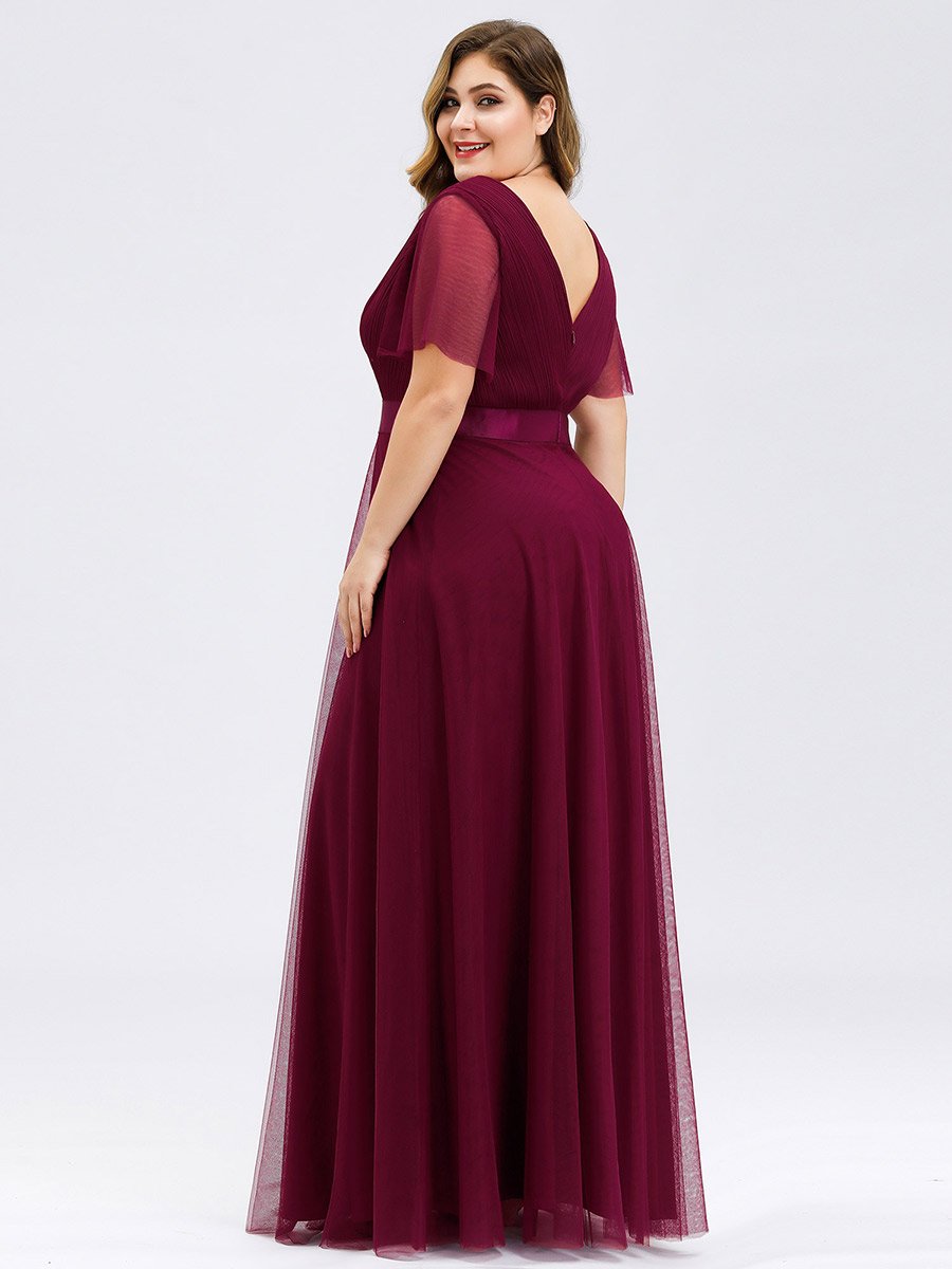 Color=Burgundy | Plus Size Women'S V-Neck A-Line Short Sleeve Floor-Length Bridesmaid Dresses Ep07962-Burgundy 2