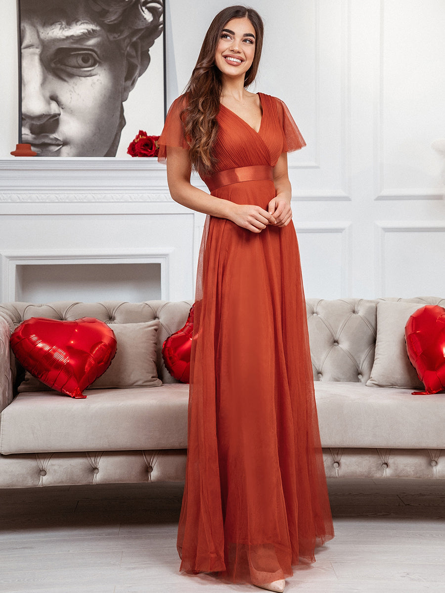 Color=Burnt orange | Women's pretty V-Neck A-Line Floor-Length Wholesale Bridesmaid Dresses-Burnt orange 1