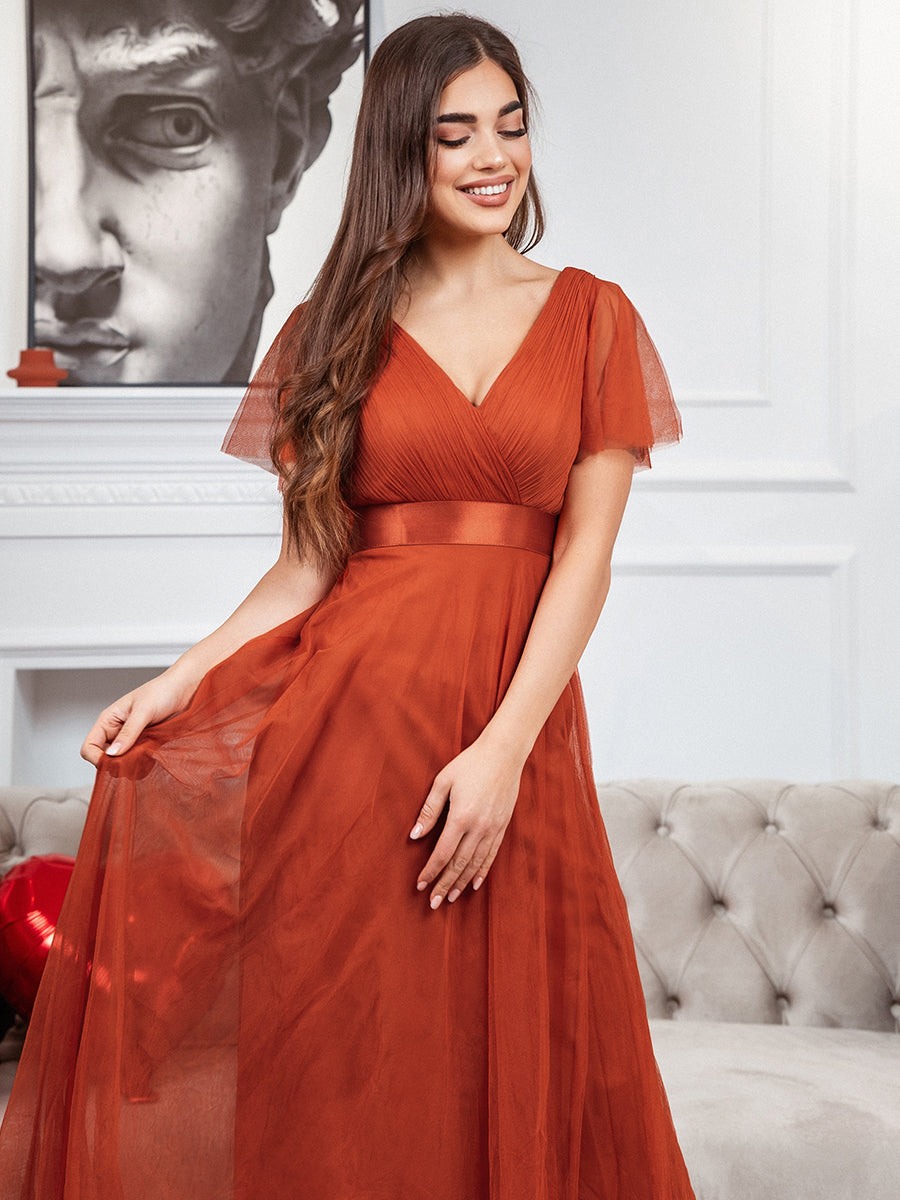 Color=Burnt orange | Women's pretty V-Neck A-Line Floor-Length Wholesale Bridesmaid Dresses-Burnt orange 2