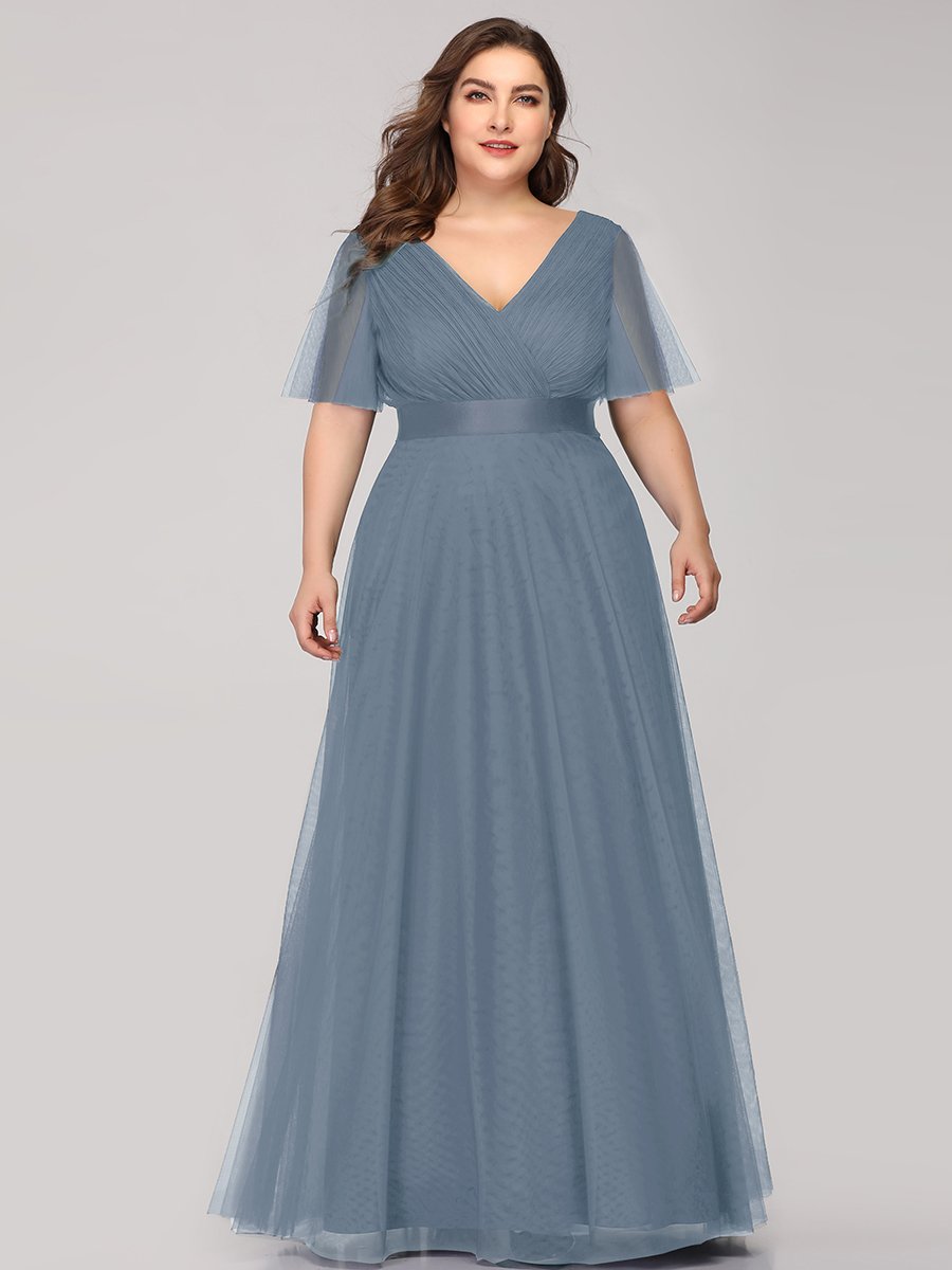 Color=Dusty Navy | Plus Size Women'S V-Neck A-Line Short Sleeve Floor-Length Bridesmaid Dresses Ep07962-Dusty Navy 4