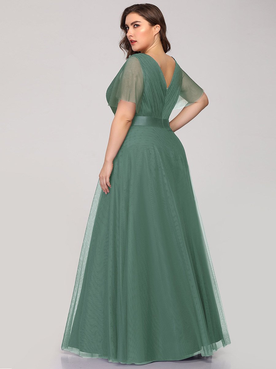 Color=Green Bean | Plus Size Women'S V-Neck A-Line Short Sleeve Floor-Length Bridesmaid Dresses Ep07962-Green Bean 2