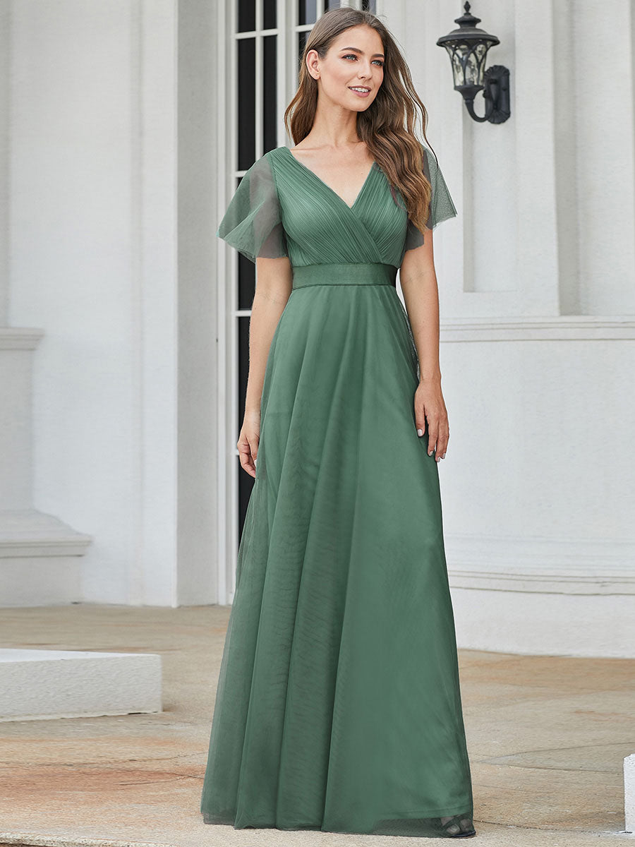 Color=Green Bean | Women's V-Neck A-Line Floor-Length Wholesale Bridesmaid Dresses-Green Bean 1