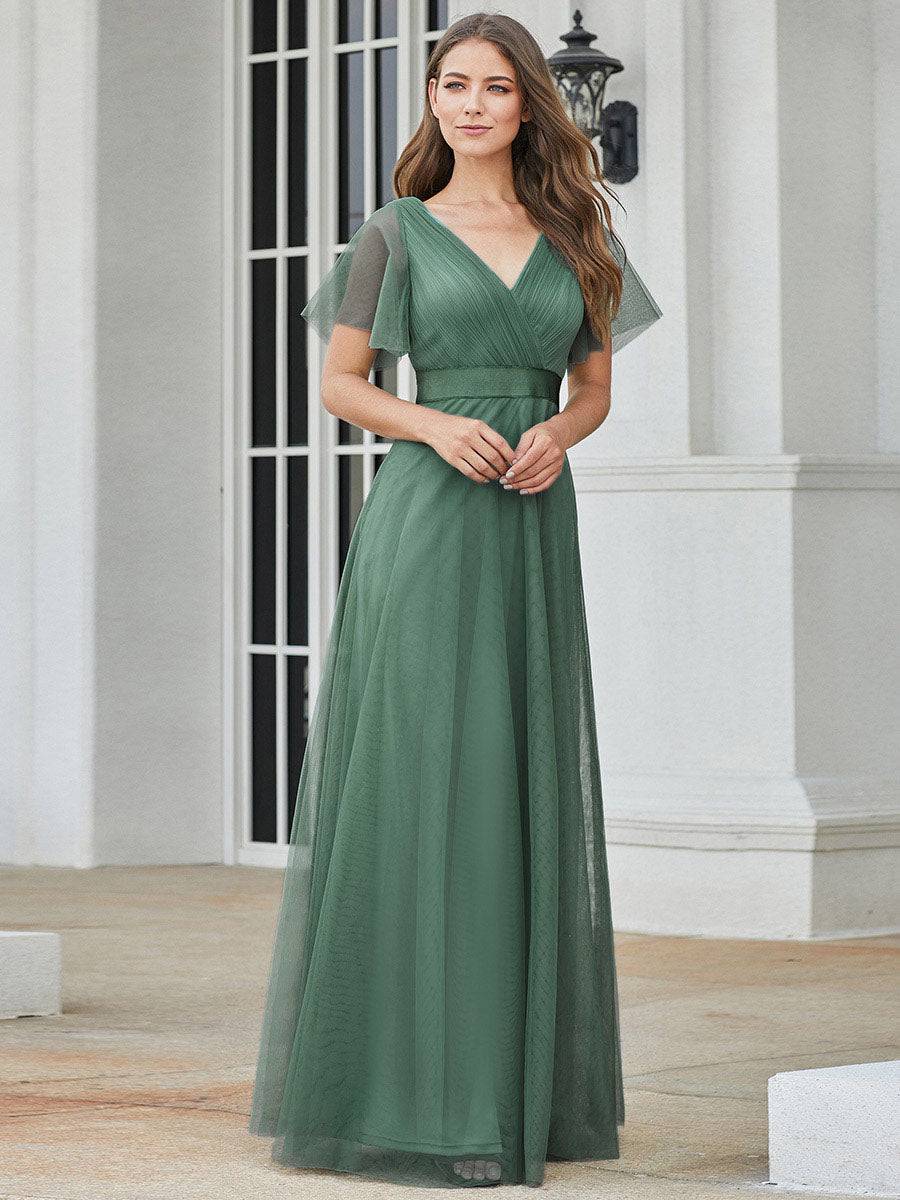 Color=Green Bean | Women's V-Neck A-Line Floor-Length Wholesale Bridesmaid Dresses-Green Bean 3