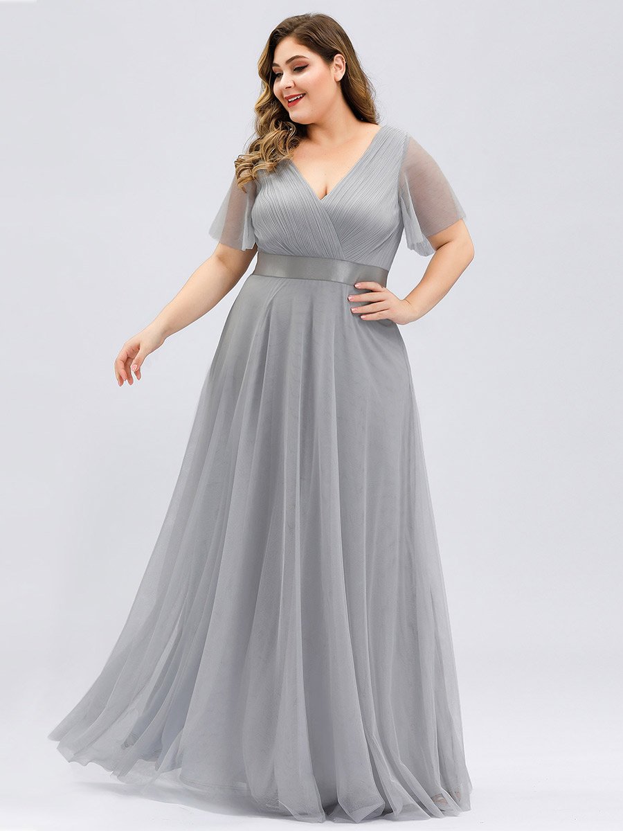 Color=Grey | Plus Size Women'S V-Neck A-Line Short Sleeve Floor-Length Bridesmaid Dresses Ep07962-Grey 3