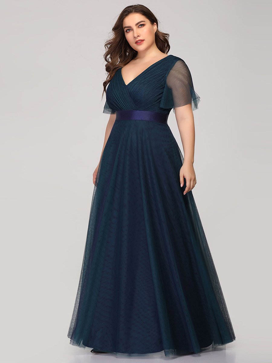 Color=Navy Blue | Plus Size Women'S V-Neck A-Line Short Sleeve Floor-Length Bridesmaid Dresses Ep07962-Navy Blue 3