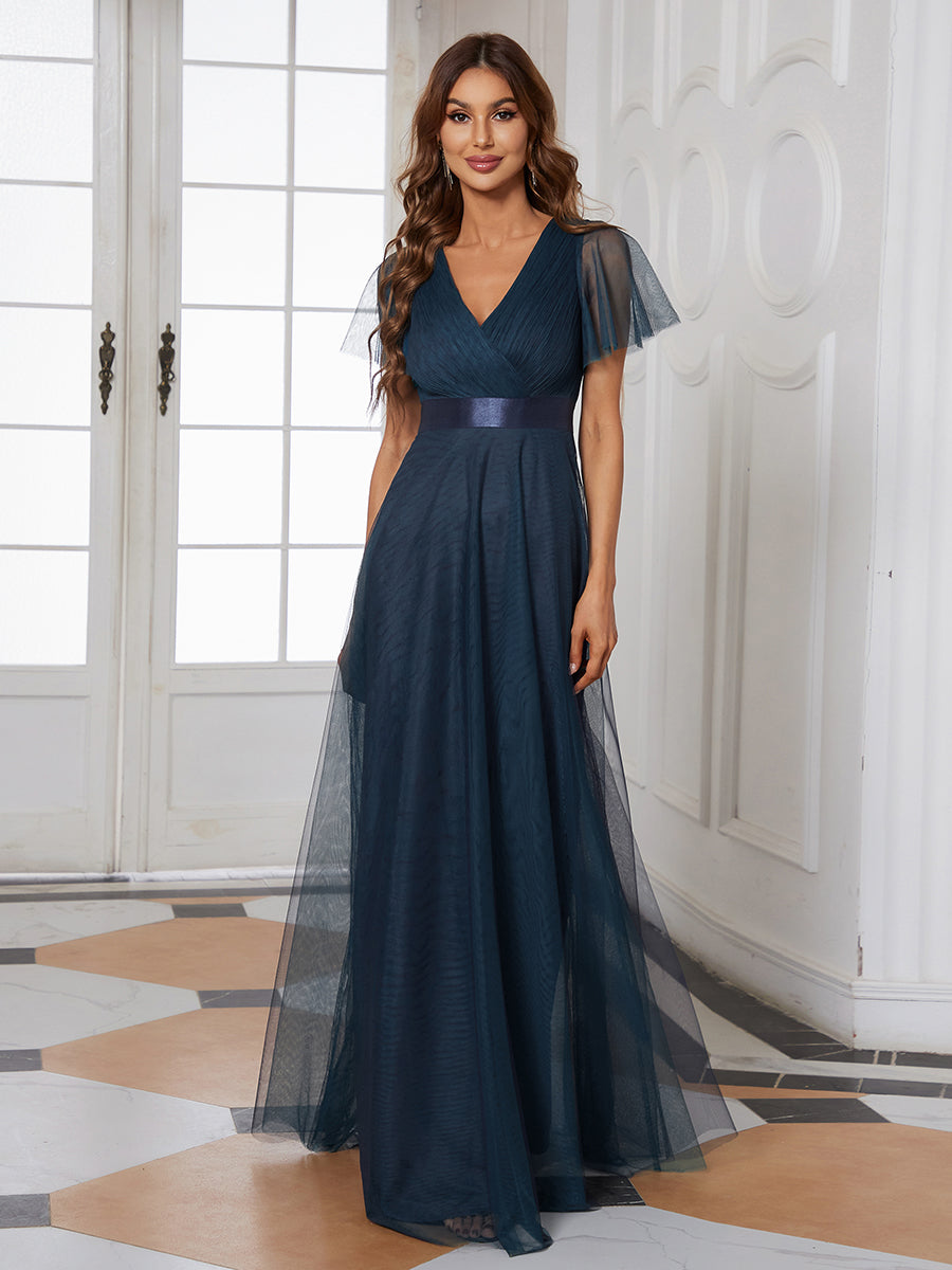 Color=Navy Blue | Women's V-Neck A-Line Floor-Length Wholesale Bridesmaid Dresses-Navy Blue 2