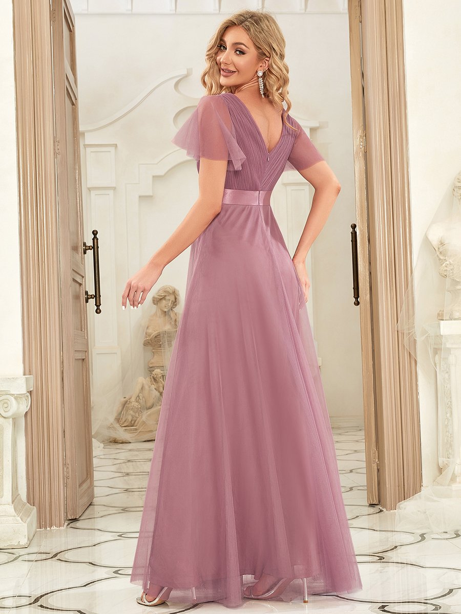 Color=Orchid | Women's pretty V-Neck A-Line Floor-Length Wholesale Bridesmaid Dresses-Orchid 2