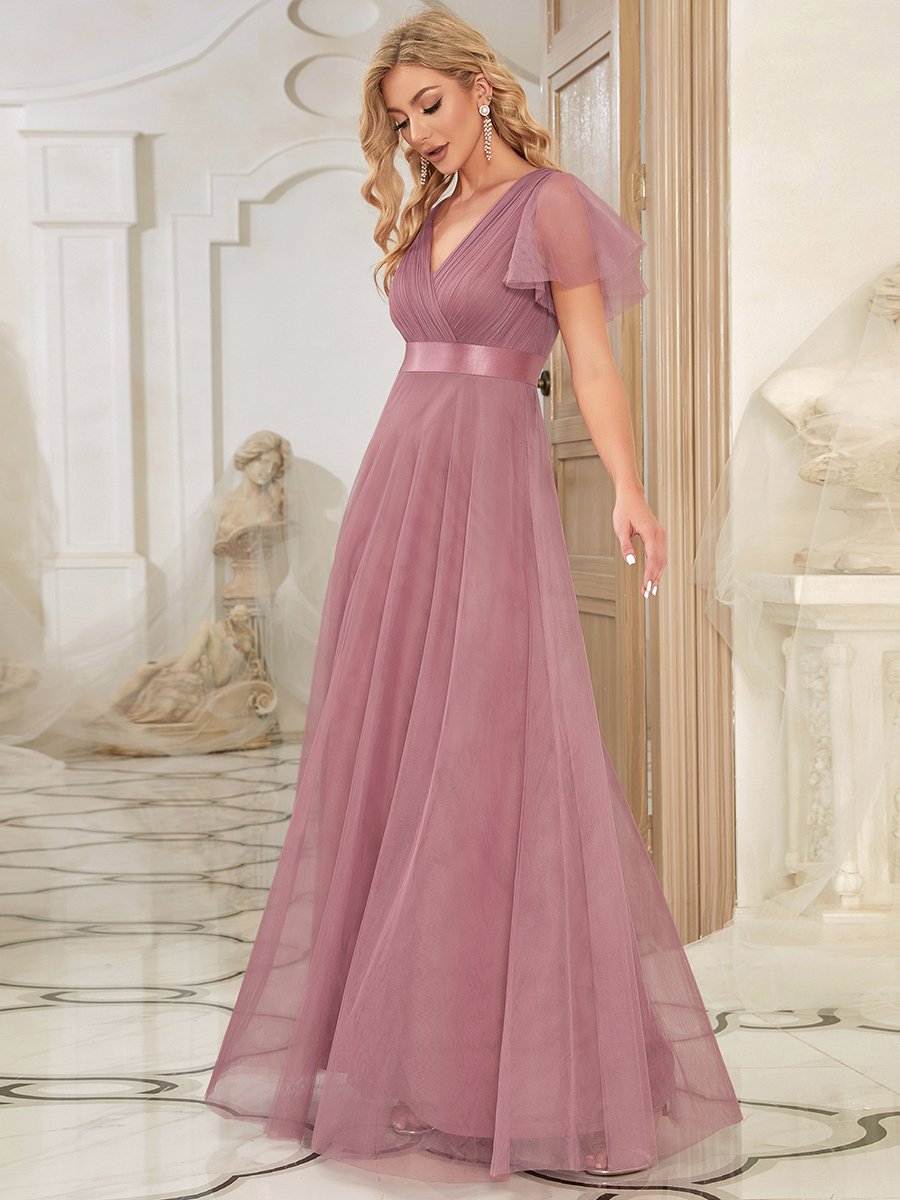 Color=Orchid | Women's pretty V-Neck A-Line Floor-Length Wholesale Bridesmaid Dresses-Orchid 3