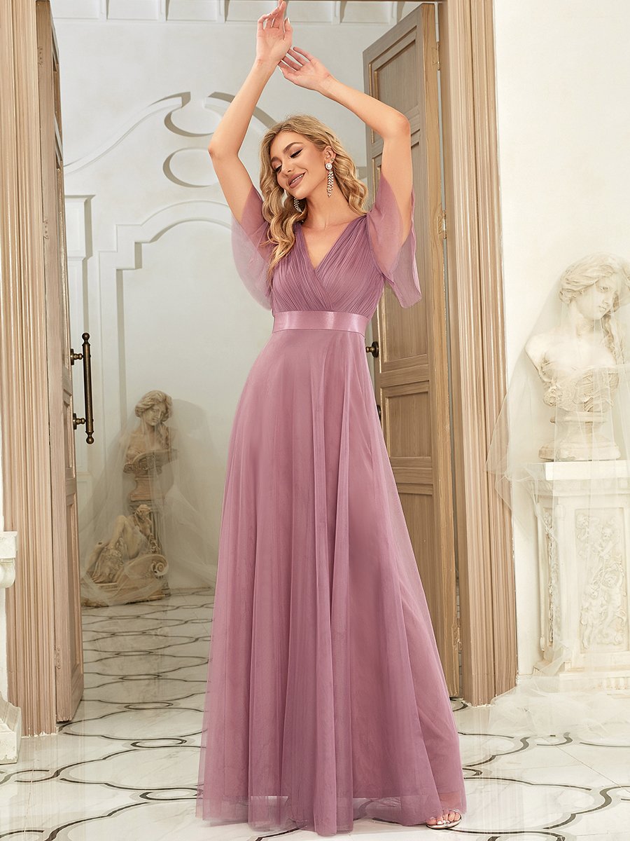 Color=Orchid | Women's pretty V-Neck A-Line Floor-Length Wholesale Bridesmaid Dresses-Orchid 4