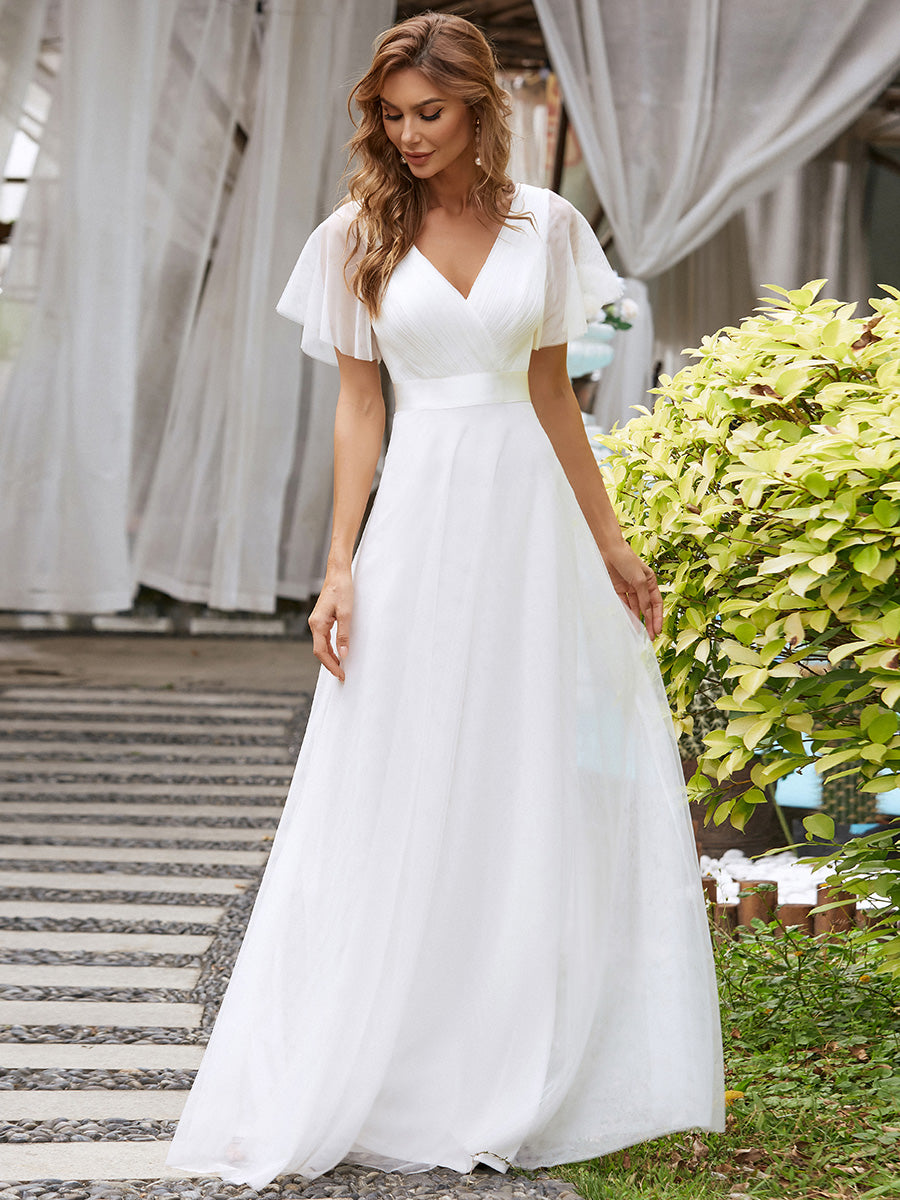 Color=White | Women's V-Neck A-Line Floor-Length Wholesale Bridesmaid Dresses-White 4
