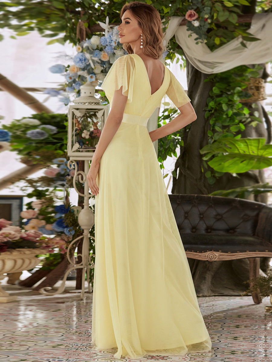 Color=Yellow | Women's V-Neck A-Line Floor-Length Wholesale Bridesmaid Dresses-Yellow 2