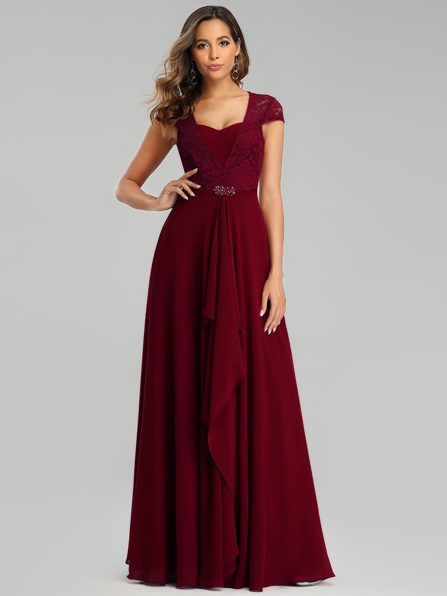 Color=Burgundy | Sweetheart Floral Lace Wholesale Wedding Guest Dress-Burgundy 1